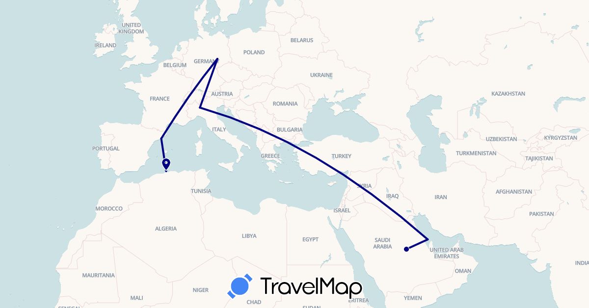 TravelMap itinerary: driving in Bahrain, Germany, Algeria, Spain, Italy, Saudi Arabia (Africa, Asia, Europe)